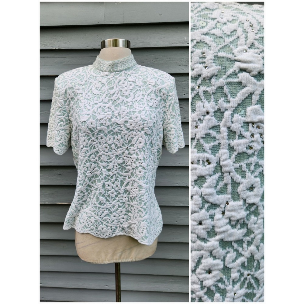 Vintage 90s St John Evening Knit Top Mint Green White Lace Sequin‎ Rhinestone 12